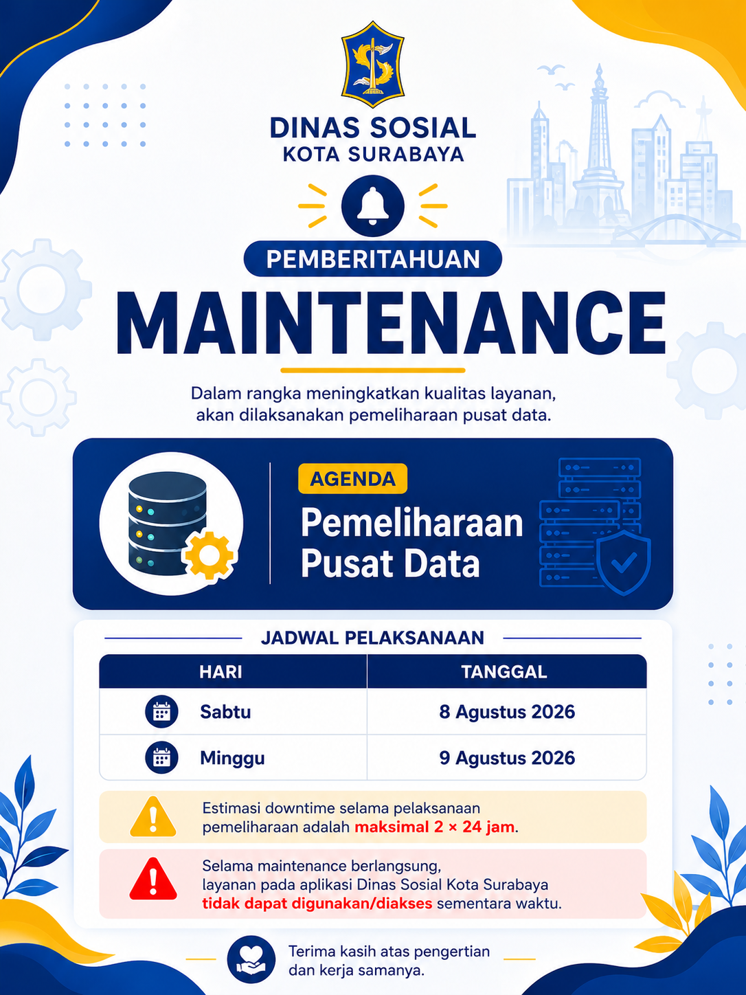 Informasi maintenance layanan Dinas Sosial Kota Surabaya